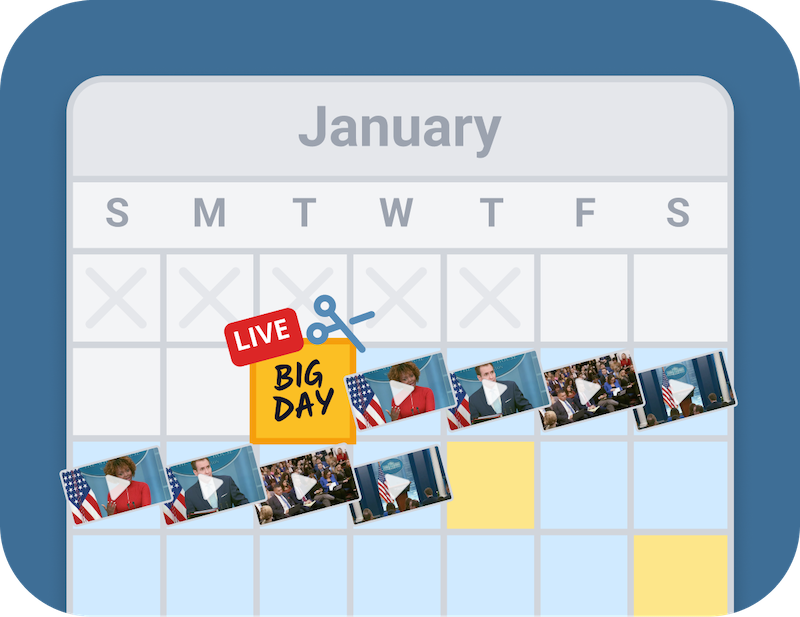 Calendar showing a big event and video clips ready for use on subsequent days