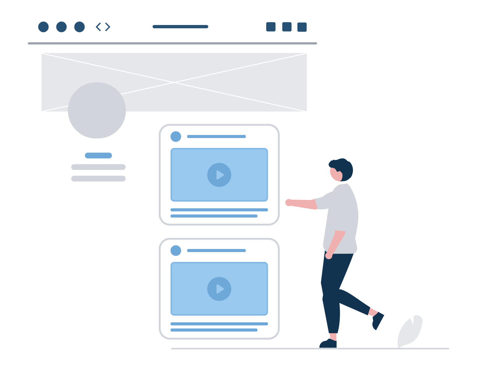 A figure gestures at video clips and captions in a social media timeline