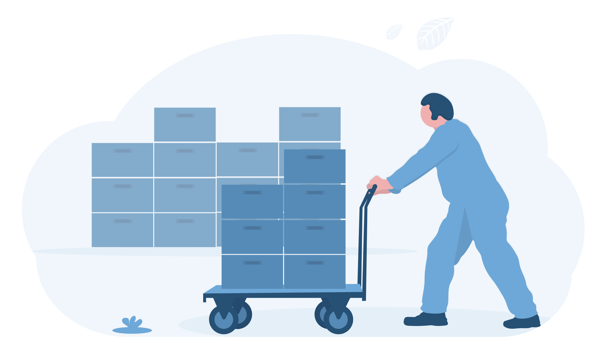 Illustration of a figure pushing a cart full of storage boxes