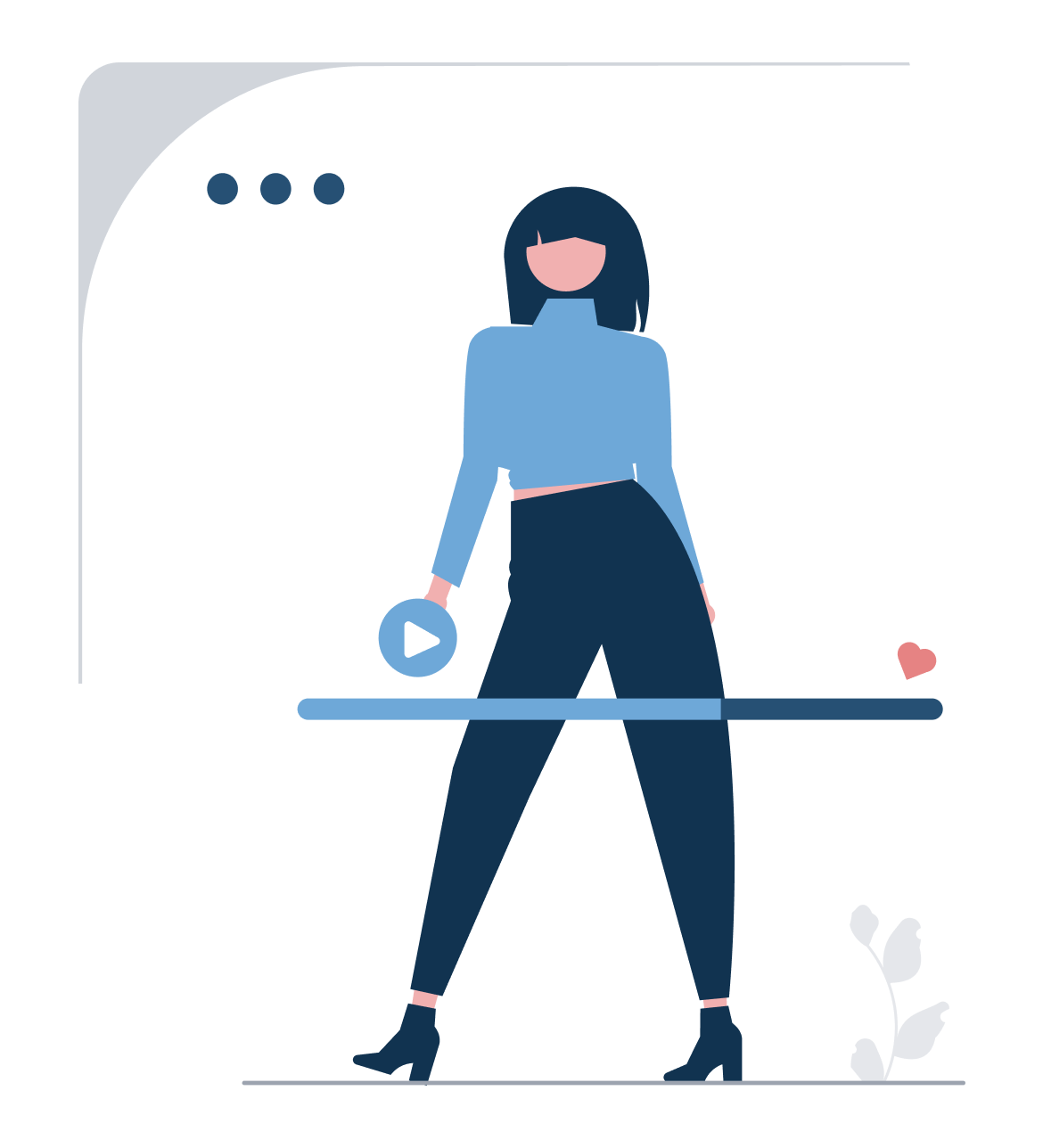 Illustration of a figure of a woman standing within the interface of a video player