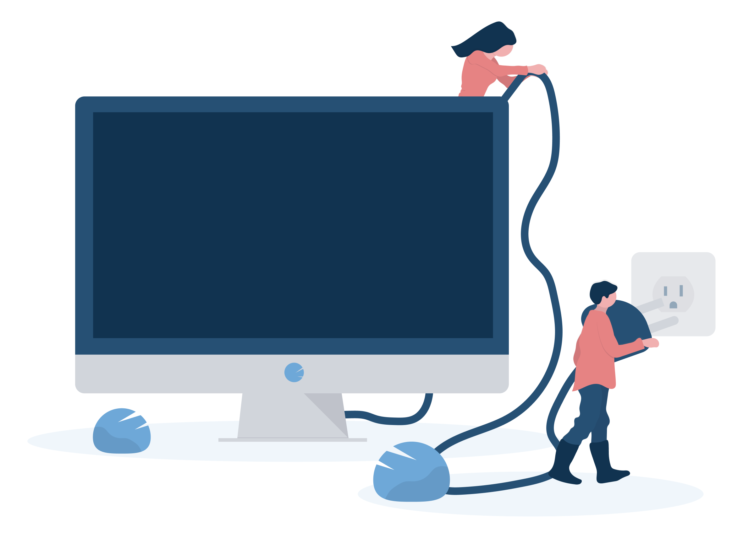 Illustration of small people plugging in a large computer monitor