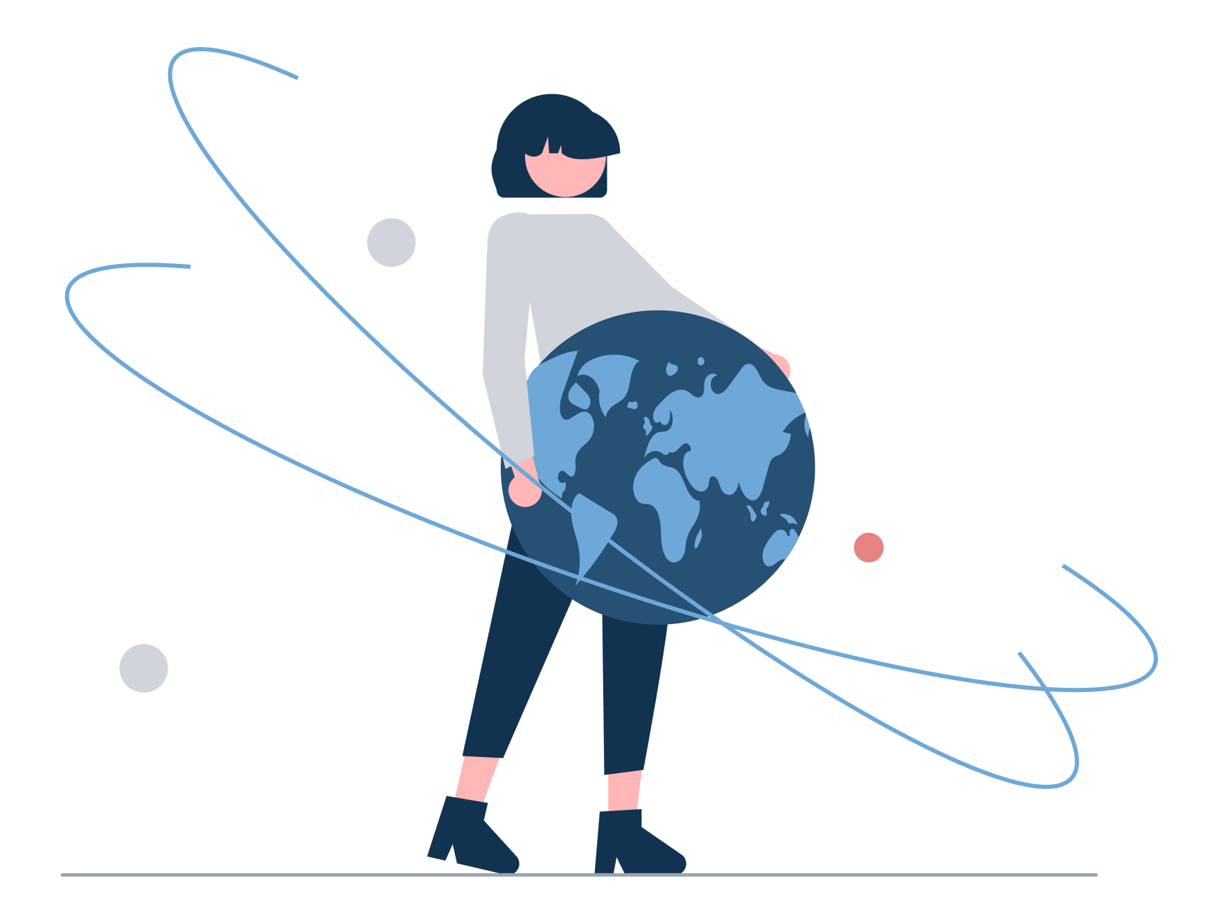 Illustration of a woman holding a globe surrounded by abstract orbits
