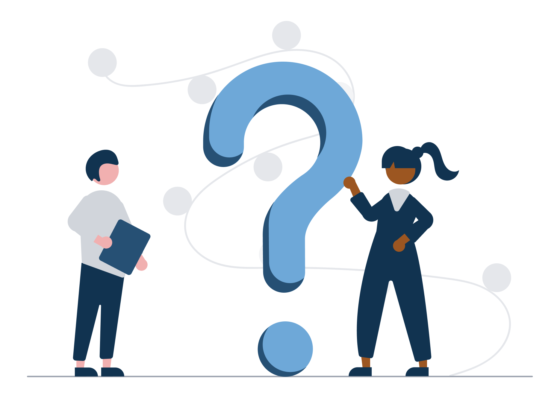 Illustration of a question mark with two figures on either side