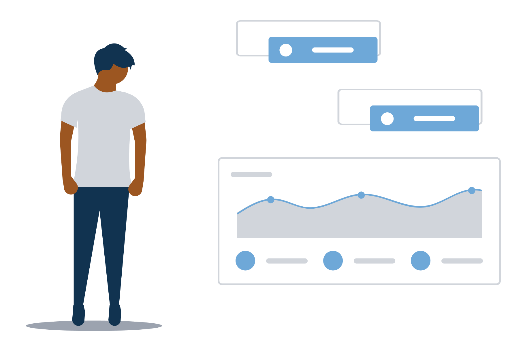 Illustration of a figure looking at a time seres chart among other abstract interface elements