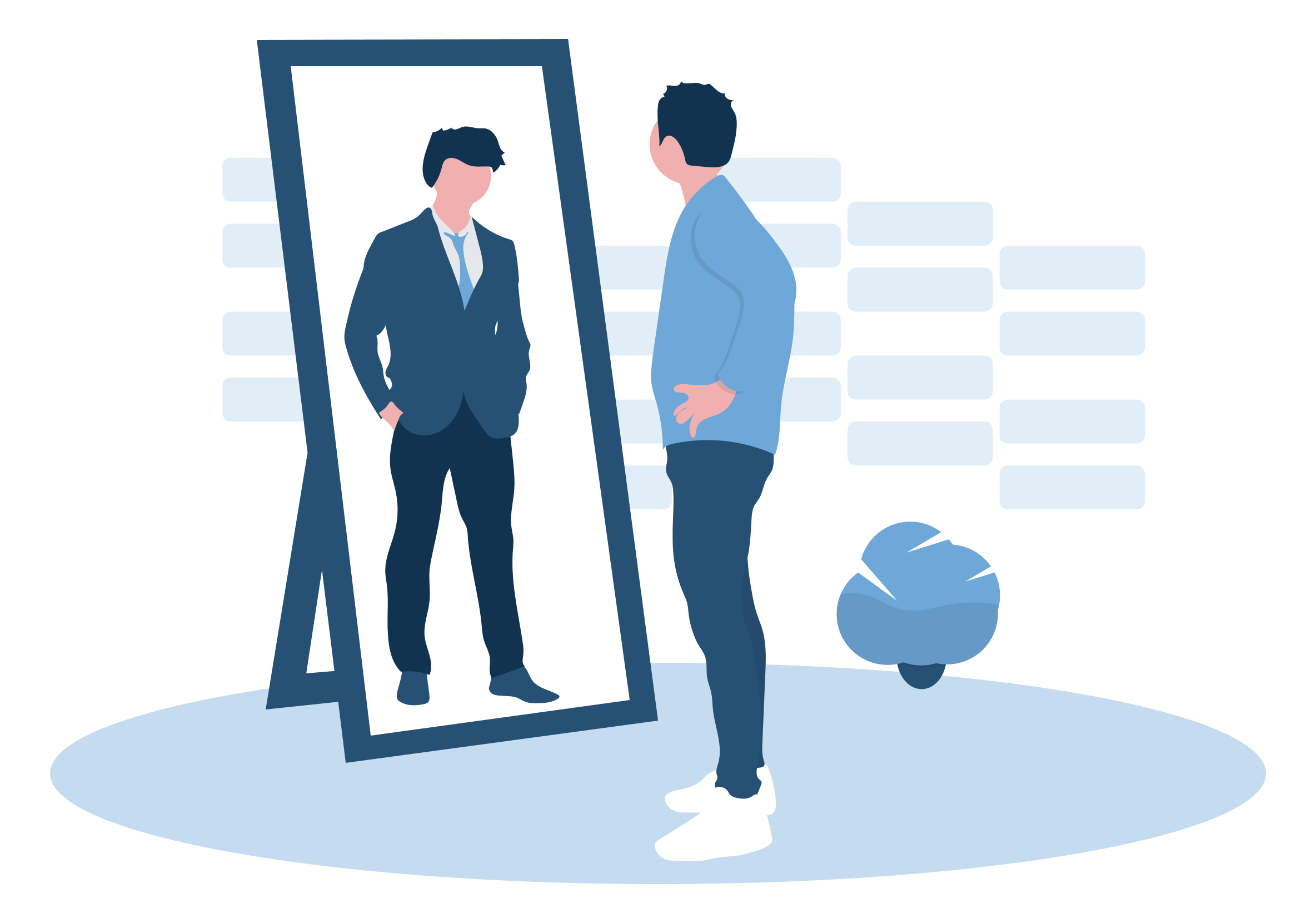 Illustration of a figure in casual clothes looking in a mirror and seeing themselves wearing business attire