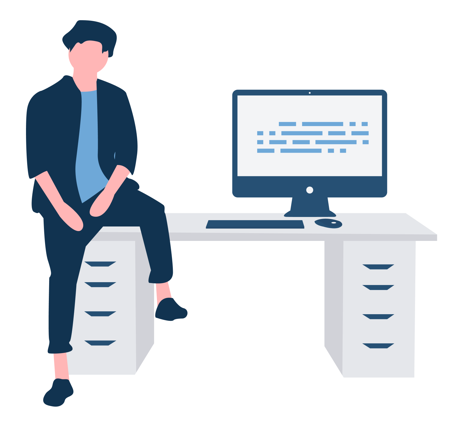 Illustration of a figure sitting on a desk next to a computer