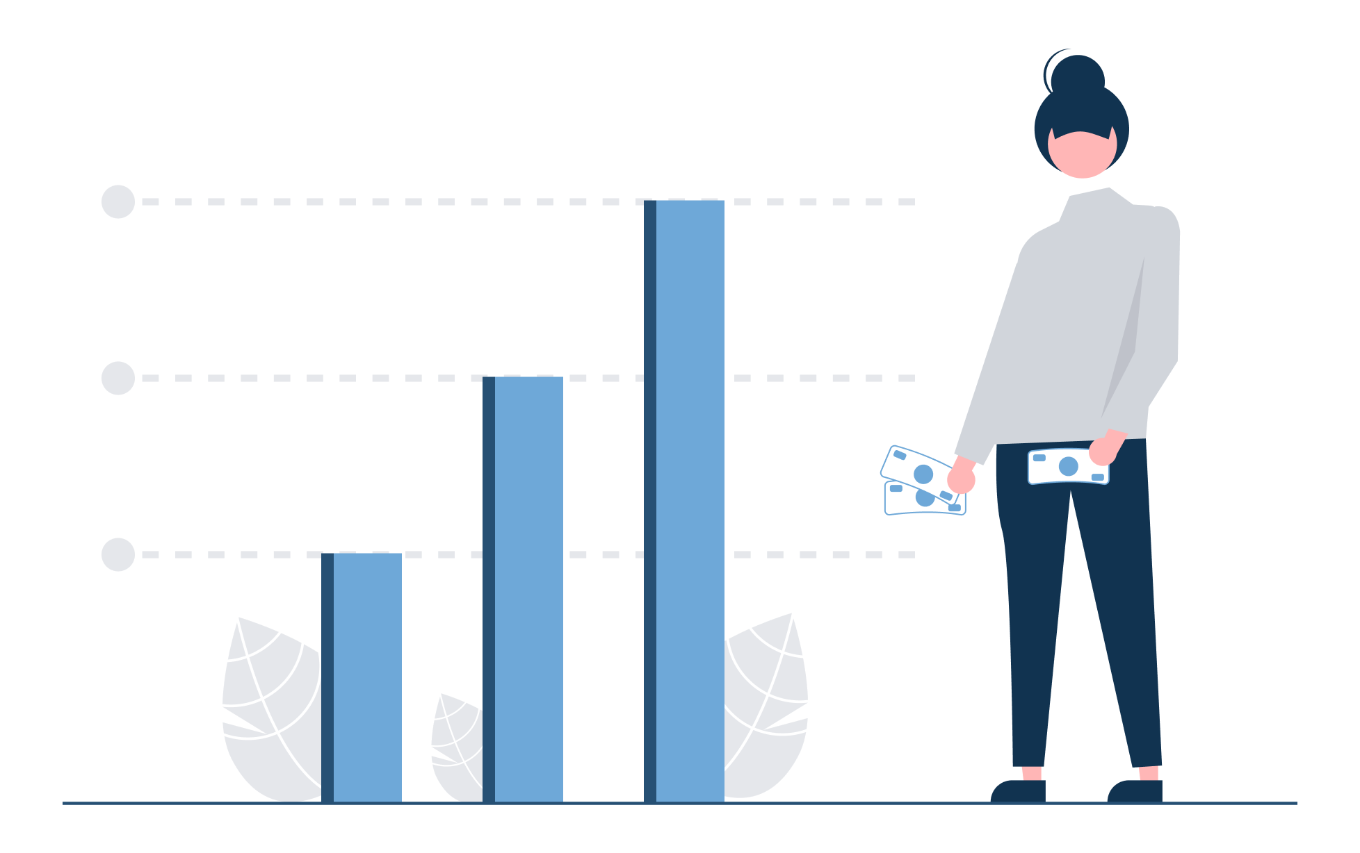 Illustration of a figure holding money standing next to a chart with three increasingly tall bars