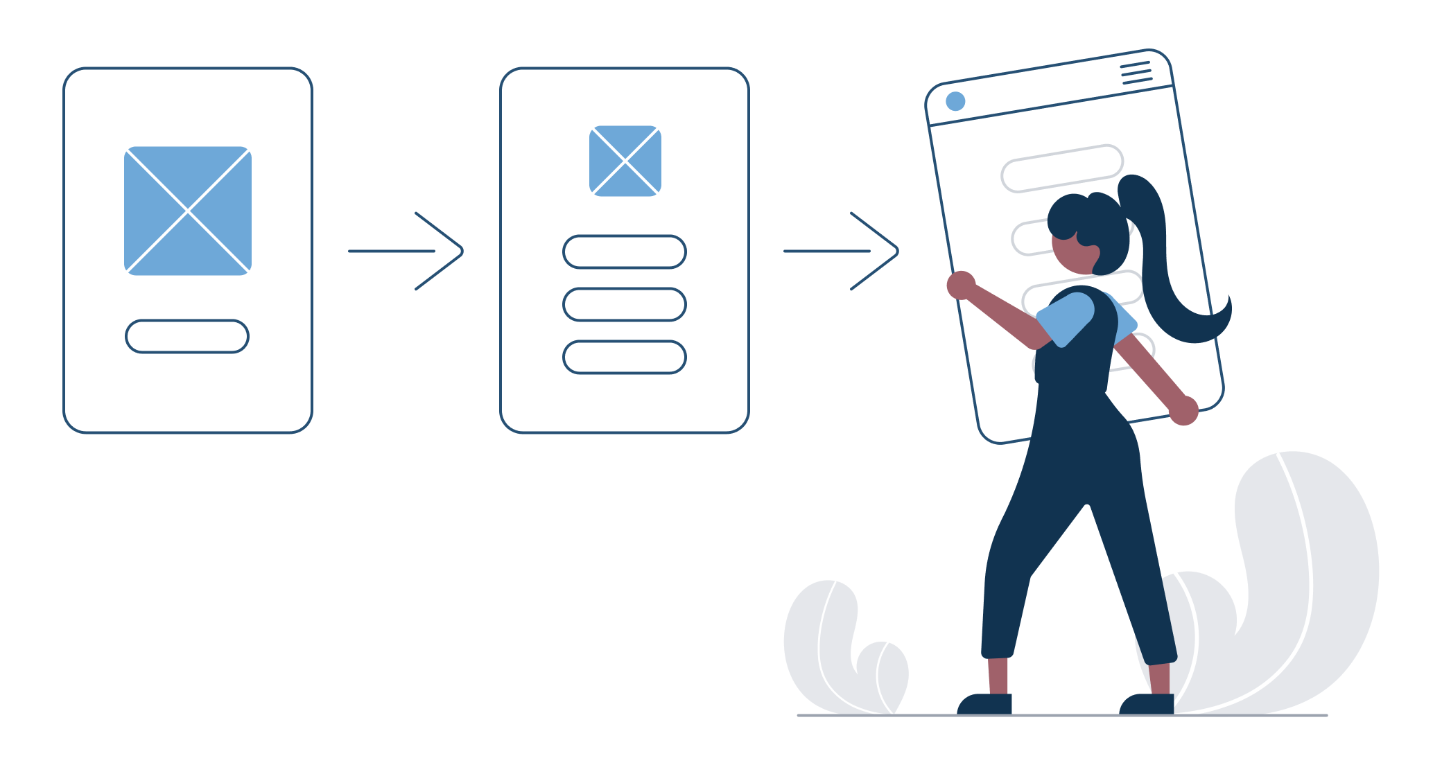 Illustration of a figure holding an abstract interface element that is the last in a three step process