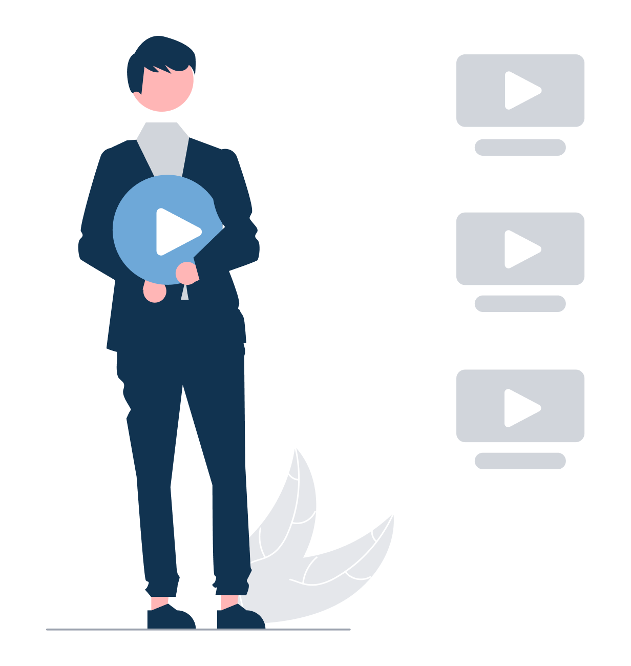 Illustration of a figure holding a circular video icon with a series of three video clips stacked vertically on one side