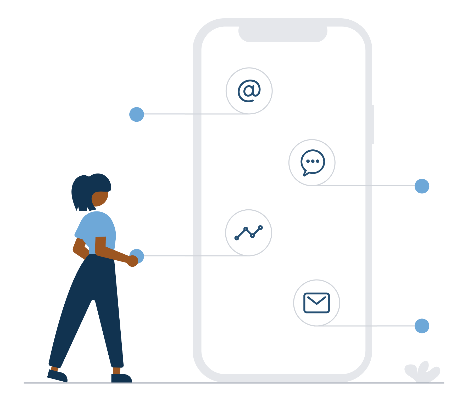 Illustration of a figure looking at a large representation of a smartphone containing symbols for email, chat, charts, and email
