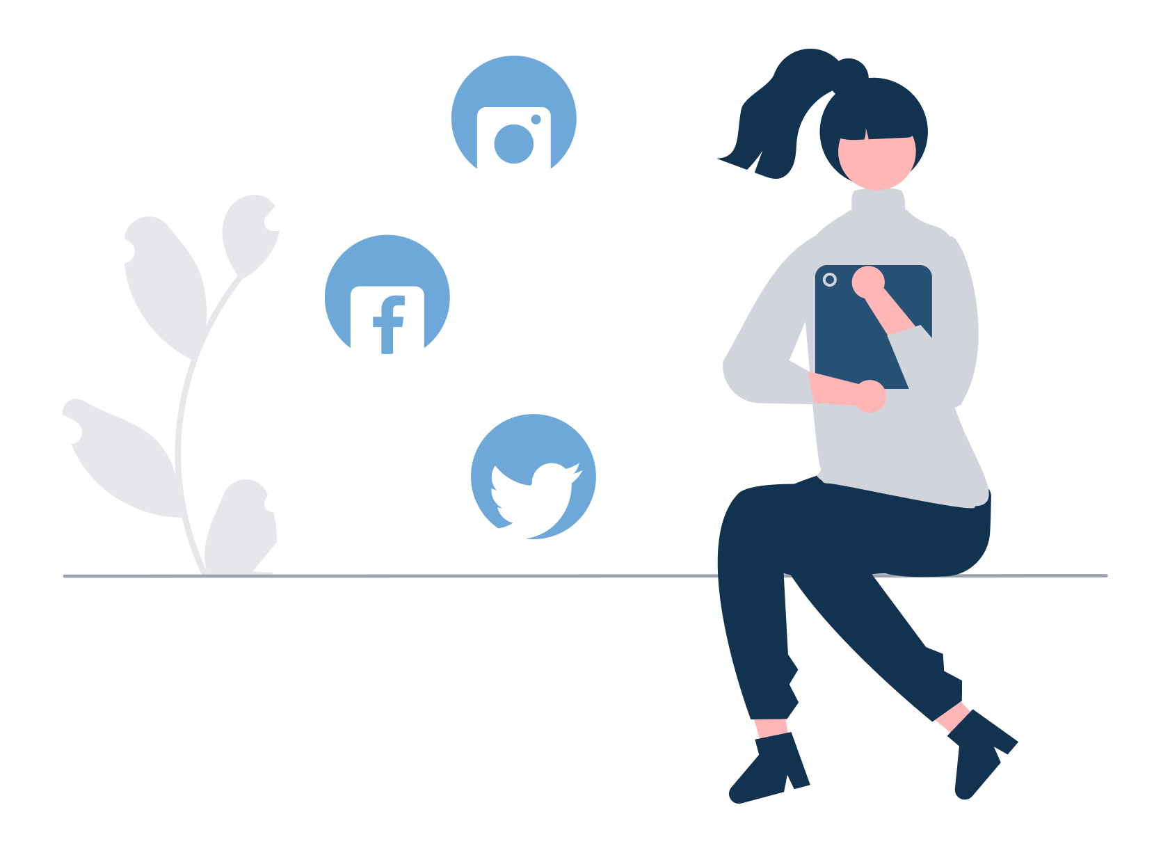Illustration of a figure holding a tablet computer surrounded by social media platform icons