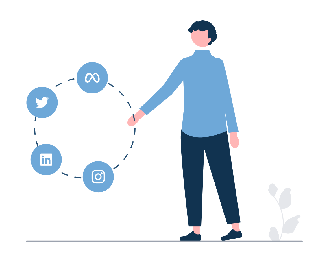 Illustration of a figure gesturing at a circle of social media platform icons