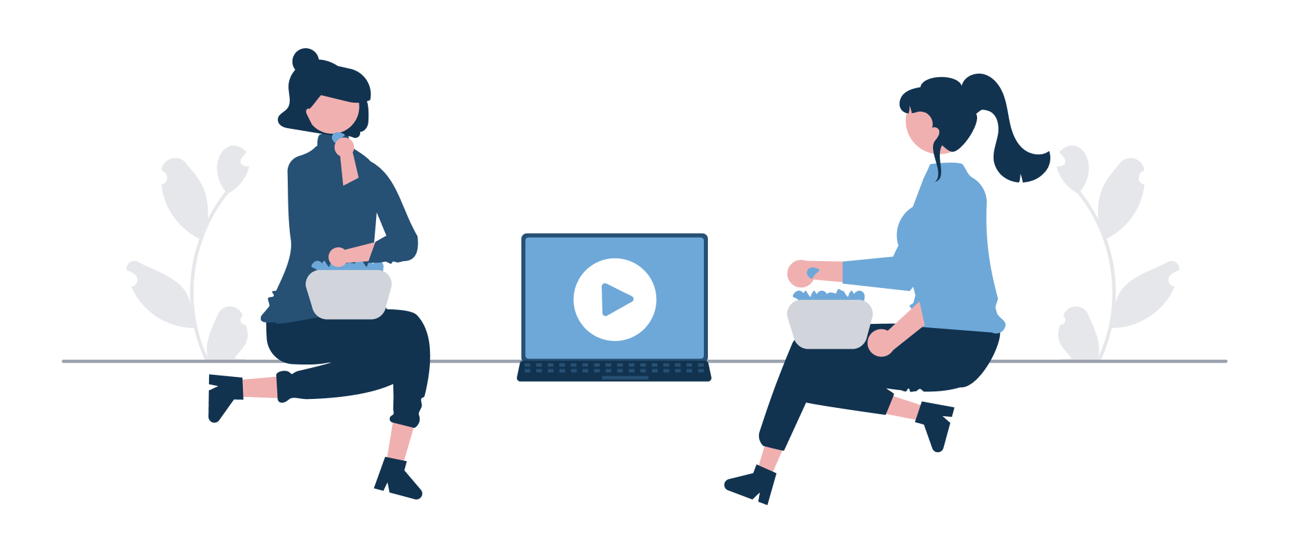 Illustration of two seated figures watching a video on a laptop and eating popcorn