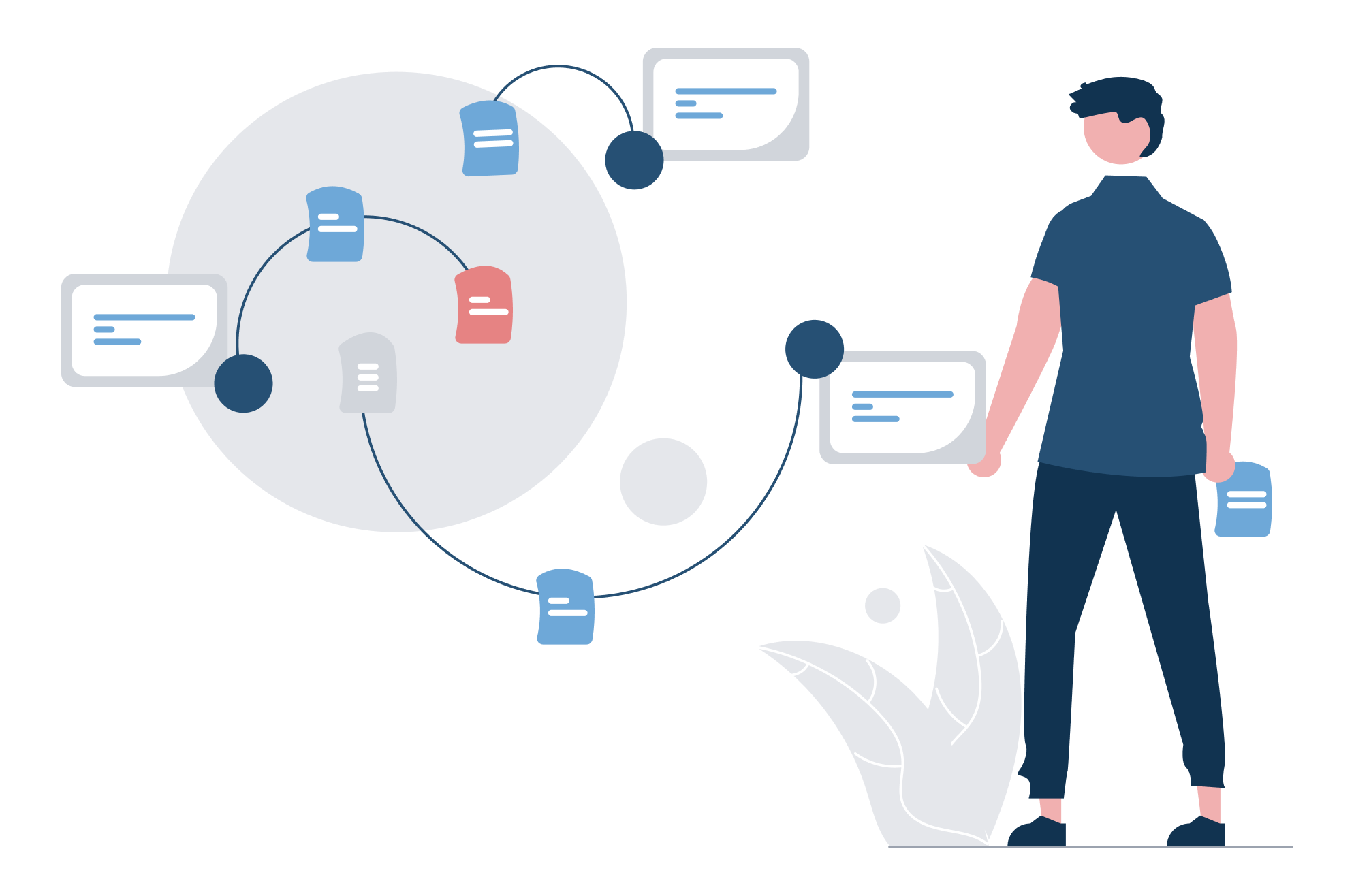 Illustration of a figure holding abstract representations of documents amidst a complicated workflow