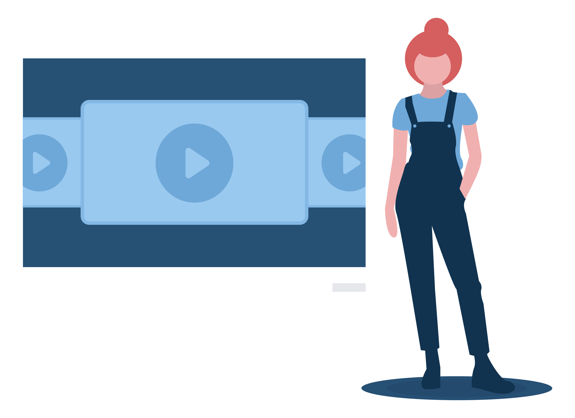 Illustration of a figure standing next to a display showing multiple abstract video player windows
