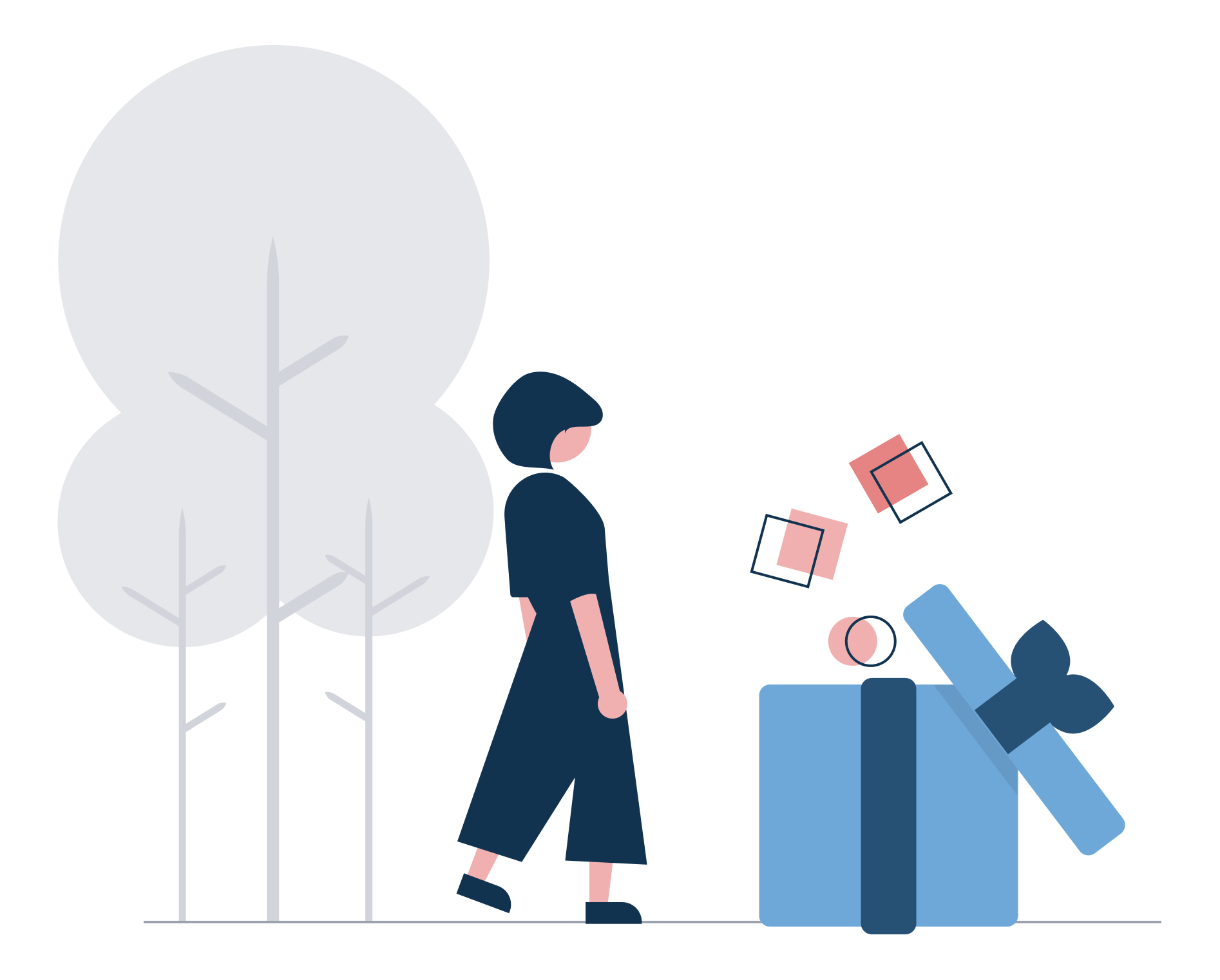 Illustration of a woman looking a present box with items floating out